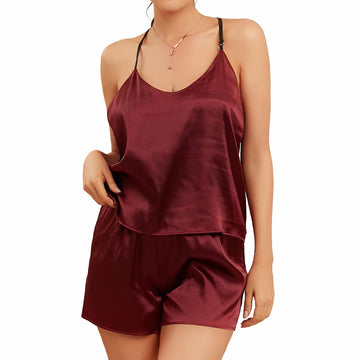 Satin Cami Pajama Set - Adjustable Straps & Elastic Shorts
