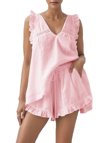 Cotton Lace-Trim Sleep Set - Sleeveless Top & Ruffle Shorts
