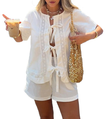Cotton Tie-Front Pajama Set - Short Sleeve Top & Drawstring Shorts