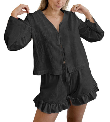 Cotton Long Sleeve Pajama Set - Tie-Front Top & Ruffle Shorts