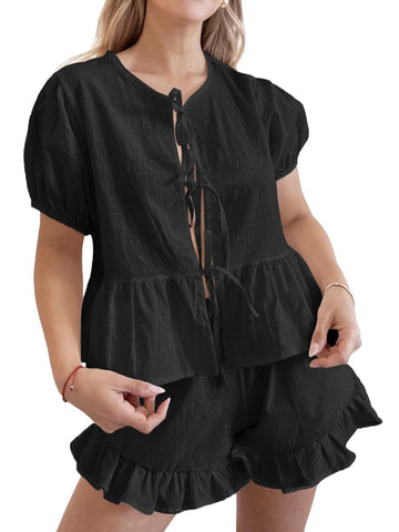 Cotton Tie-Front Pajama Set - Puff Sleeve Top & Ruffle Shorts
