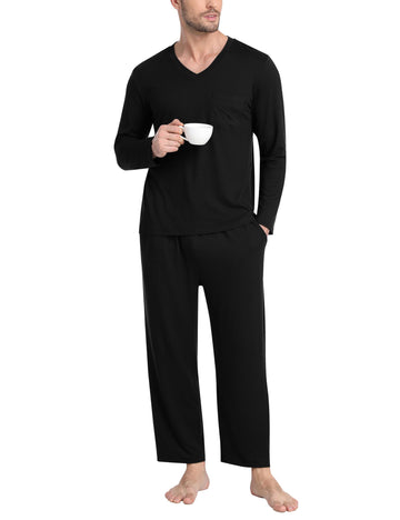 Men's Lightweight Sleep Set - Long Sleeve V-Neck & Pocket Pants