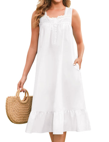 Victorian Cotton Nightgown - Sleeveless with Lace Collar & Pockets