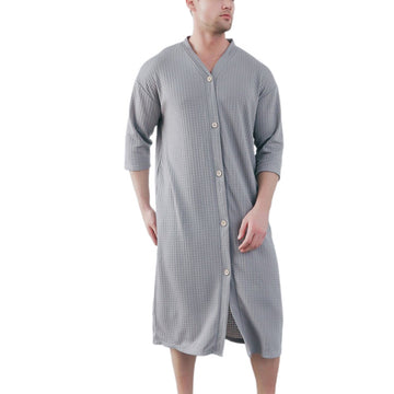 Men's Waffle-Knit Robe - 3/4 Sleeve & V-Neck Design