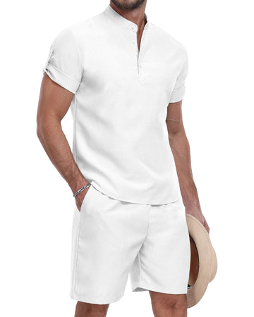 Men's Linen Texture Set - Henley Shirt & Drawstring Shorts