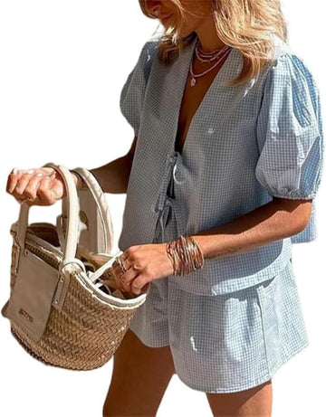 Gingham Pajama Set - Puff Sleeve Top & Peplum Shorts