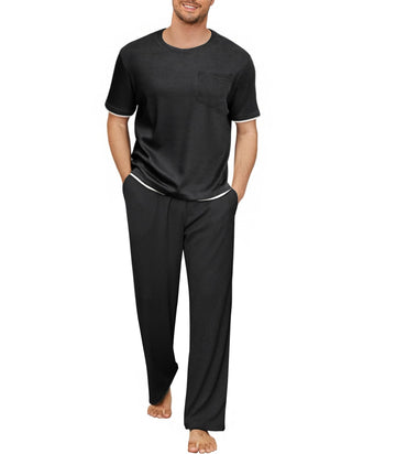 Men's Waffle Knit Pajama Set - Short Sleeve Top & Drawstring Pants