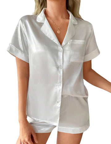 Satin Short Sleeve Pajama Set - Notched Collar & Elastic Shorts