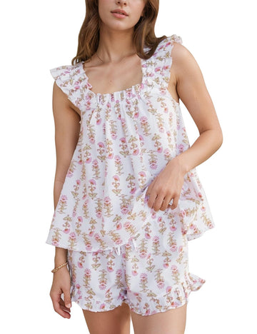 Floral Linen Pajama Set - Ruffle Cami & Drawstring Shorts