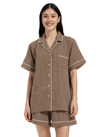 Gauze Cotton Pajama Set - Button-Down Top & Drawstring Shorts