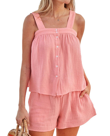 Cotton Button-Down Pajama Set - Cami & Drawstring Shorts