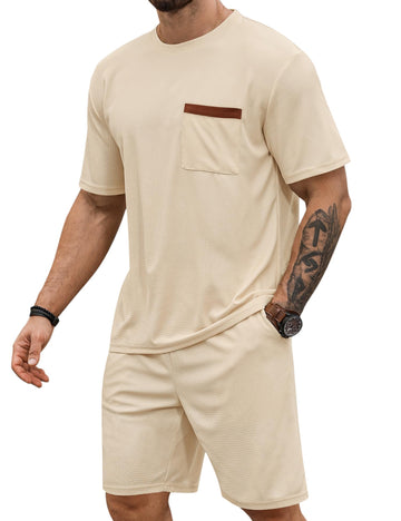 Men's Waffle Knit Short Set - Casual Short Sleeve & Drawstring Shorts