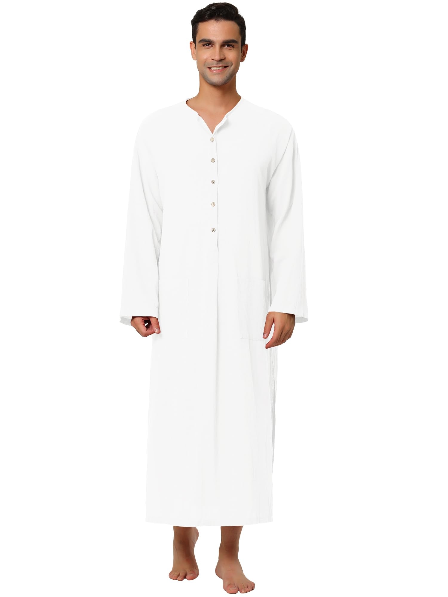 Men's Cotton Nightshirt - Button Front & Side Pockets