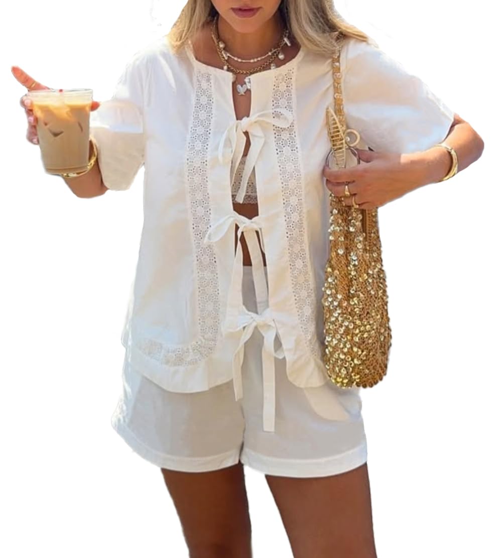 Cotton Tie-Front Pajama Set - Short Sleeve Top & Drawstring Shorts