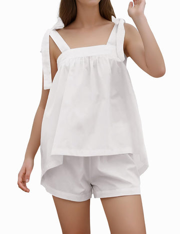 Cotton Cami Pajama Set - Tie-Strap Top & Drawstring Shorts