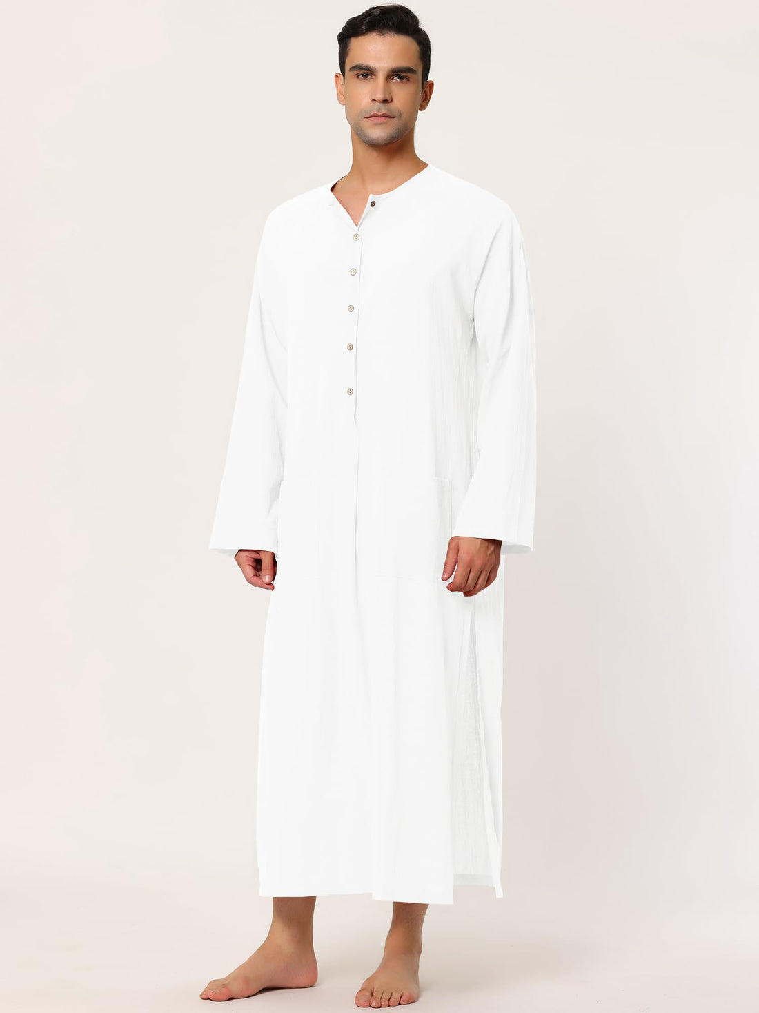 Men's Cotton Nightshirt - Button Front & Side Pockets