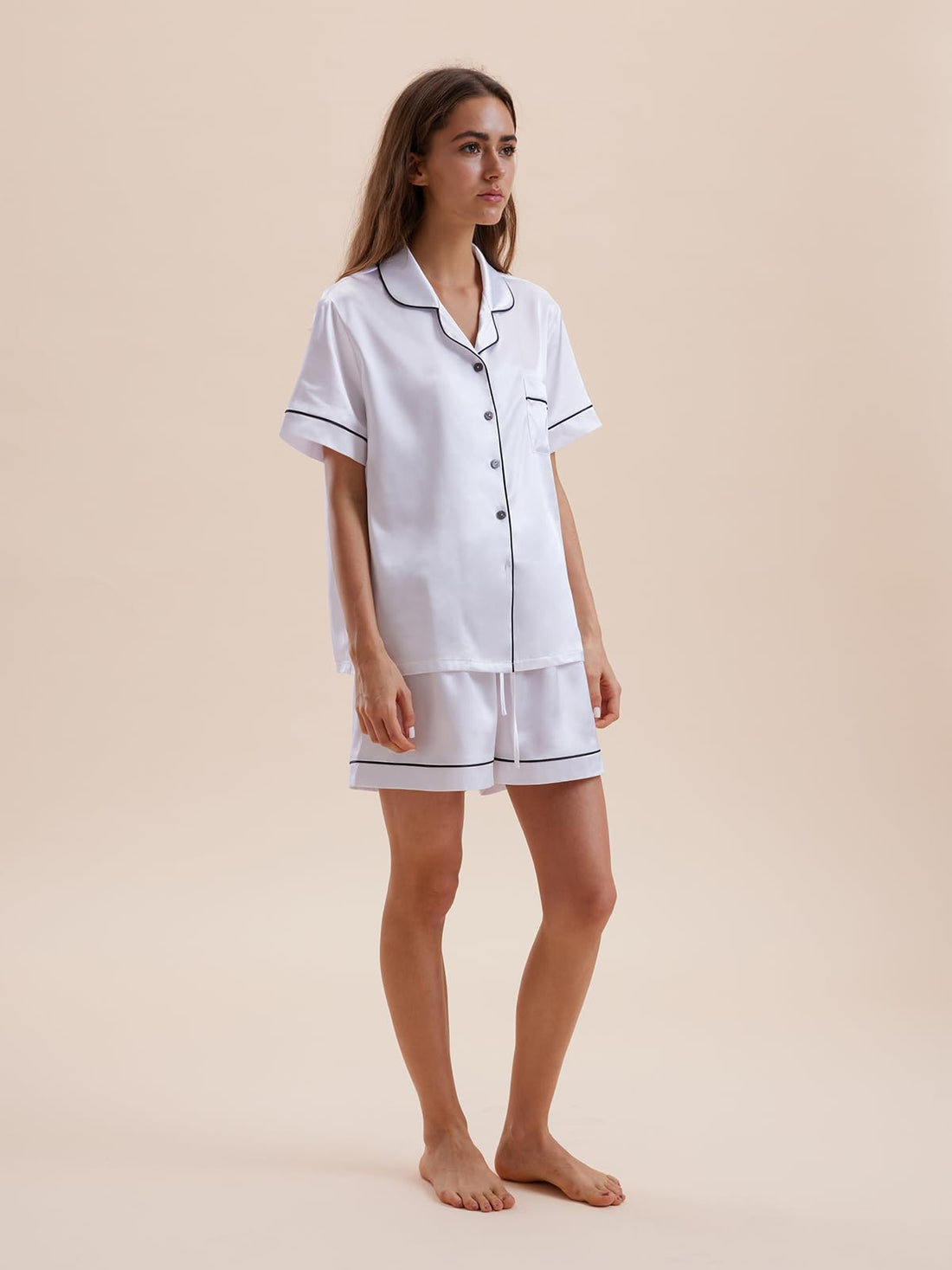 Satin Pajama Set - Elegant Top & Elastic Shorts