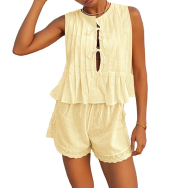 Pleated Tie-Front Pajama Set - Sleeveless Top & Lace Shorts