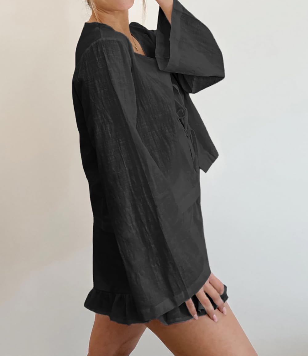 Cotton Long Sleeve Pajama Set - Tie-Front Top & Ruffle Shorts