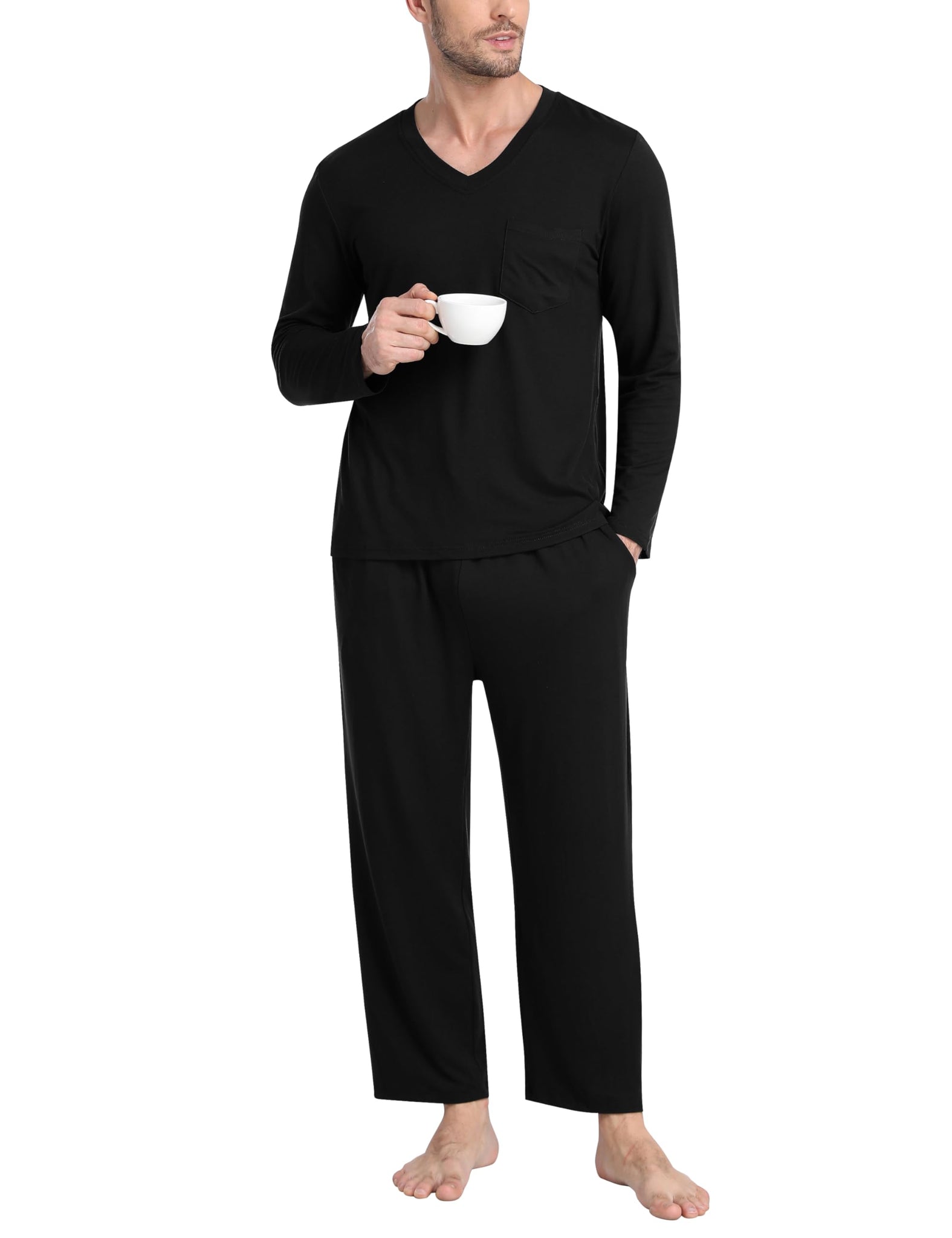 Men's Lightweight Sleep Set - Long Sleeve V-Neck & Pocket Pants