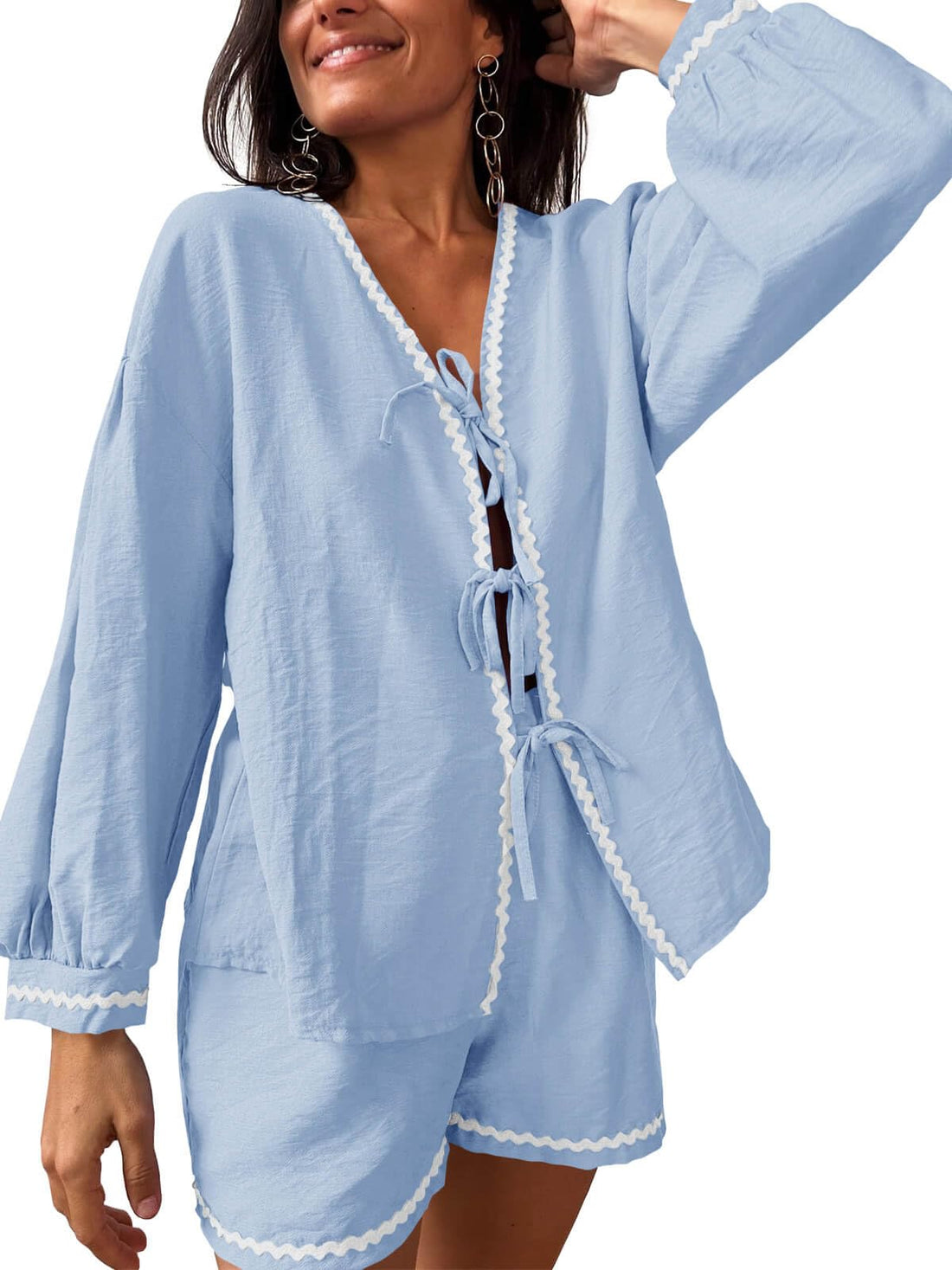 Viscose Pajama Set - Tie-Front Top & Elastic Shorts