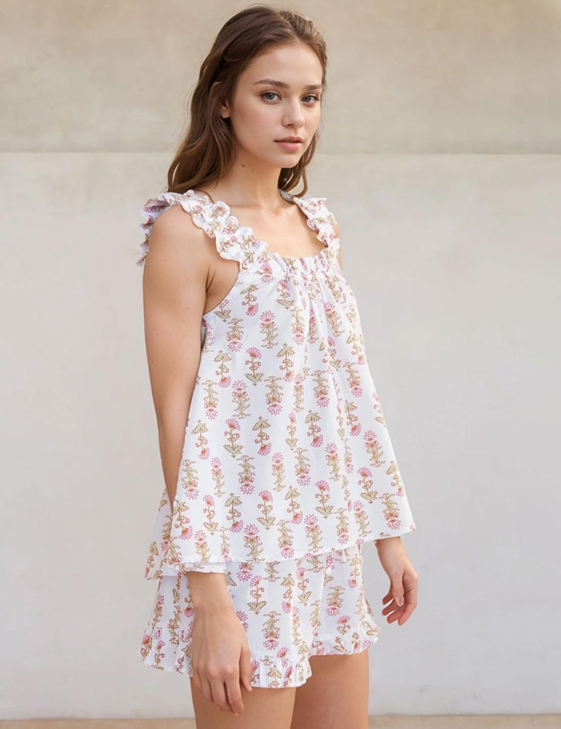 Floral Linen Pajama Set - Ruffle Cami & Drawstring Shorts