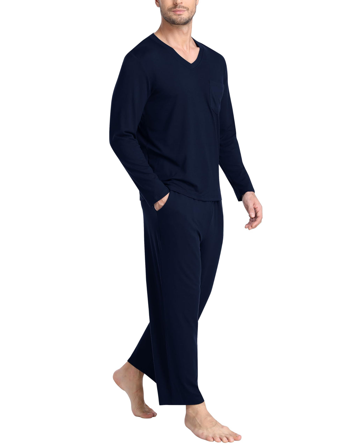 Men's Lightweight Sleep Set - Long Sleeve V-Neck & Pocket Pants
