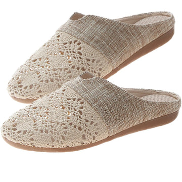 Breathable Linen Slippers - Floral Cut-Out & Non-Slip Sole