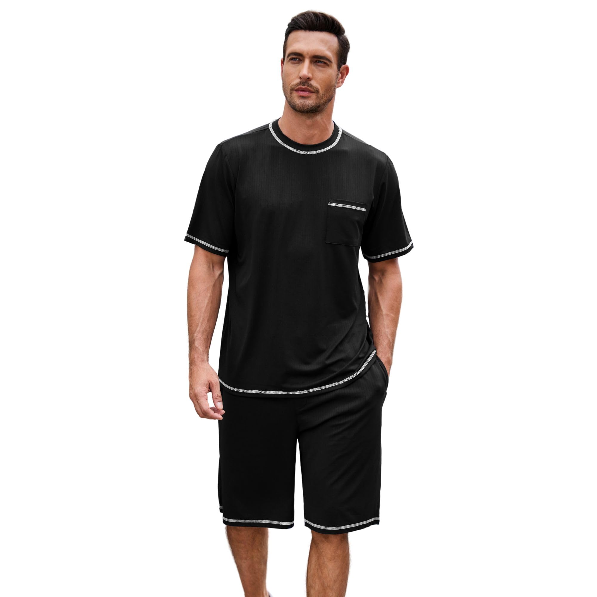 Men's Pullover Lounge Set - Short Sleeve Top & Elastic Shorts