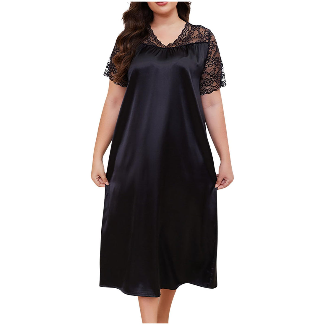 Plus Size Satin Nightgown - Short Sleeve V-Neck Sleep Dress