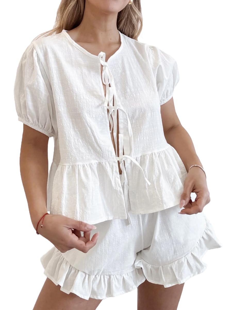 Cotton Tie-Front Pajama Set - Puff Sleeve Top & Ruffle Shorts