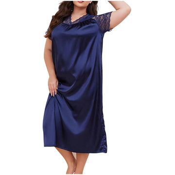 Plus Size Satin Nightgown - Short Sleeve V-Neck Sleep Dress