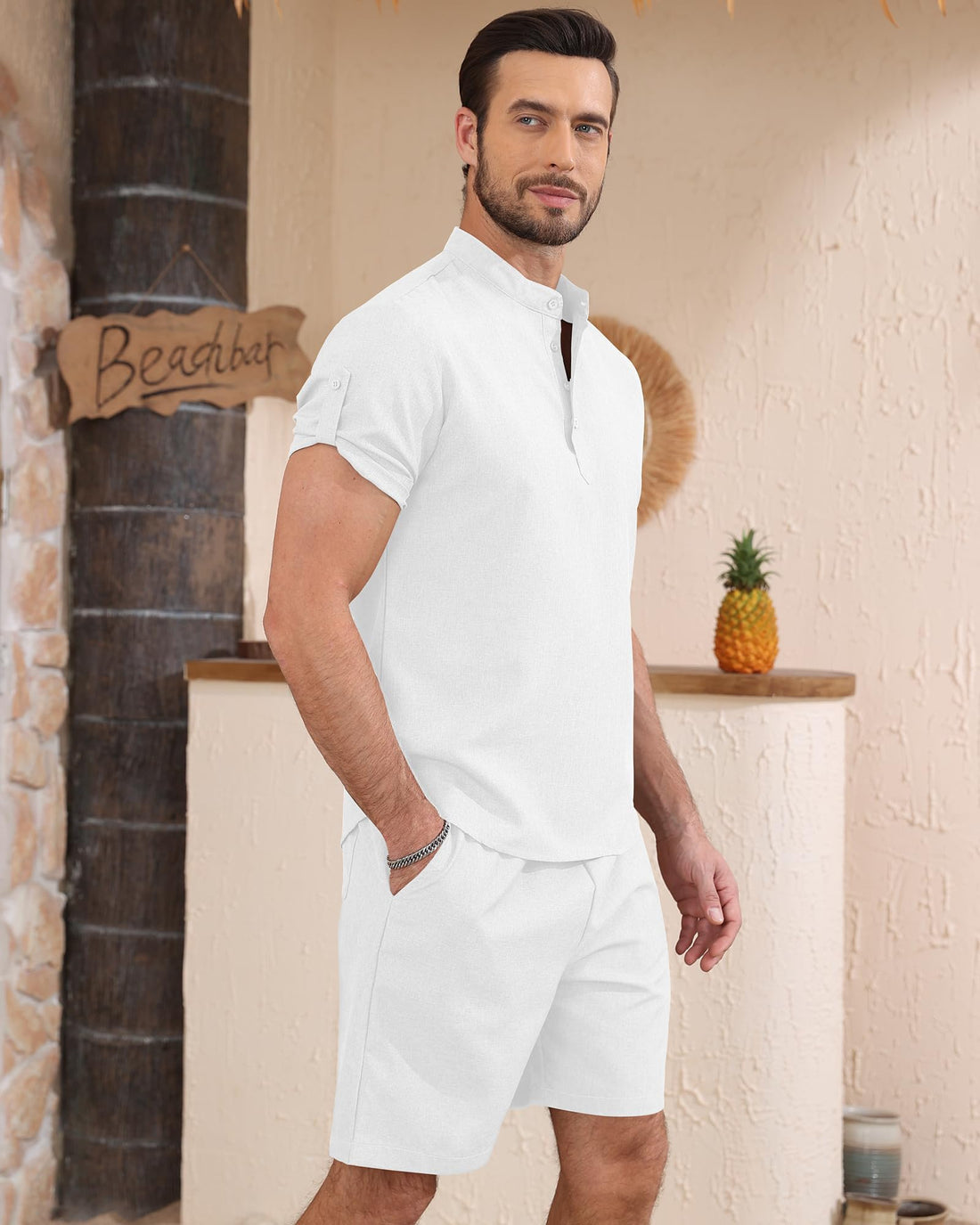 Men's Linen Texture Set - Henley Shirt & Drawstring Shorts