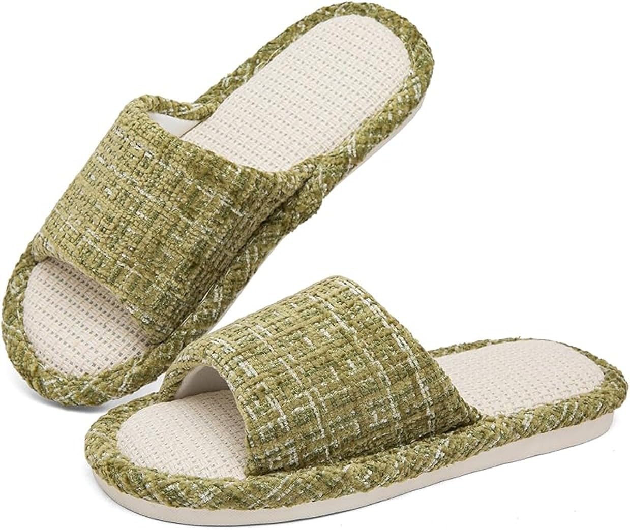 Linen Blend Slide Slippers - Open-Toe & Non-Slip Sole