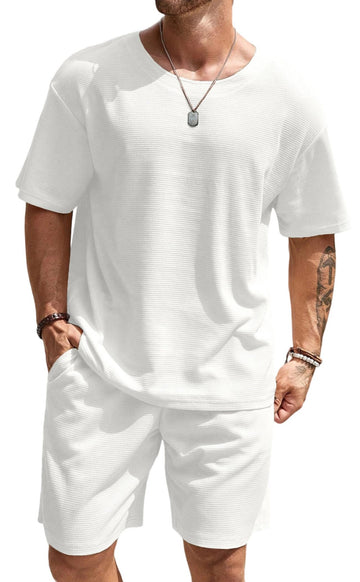 Men's Waffle Knit Short Set - Breathable Short Sleeve & Elastic Shorts