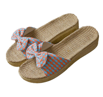 Breathable Linen Slippers - Bow Detail & Non-Slip Sole