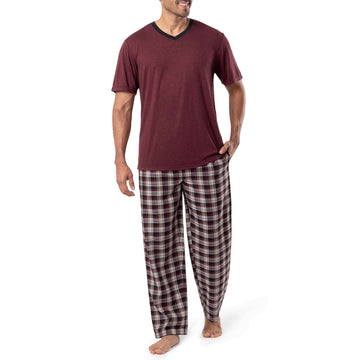 Men's Sleep Set - V-Neck Knit Top & Woven Drawstring Pants