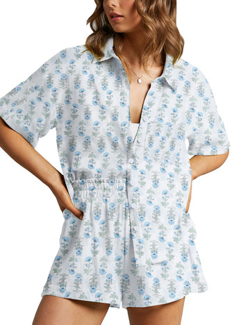Floral Linen Pajama Set - Short Sleeve & Elastic Shorts