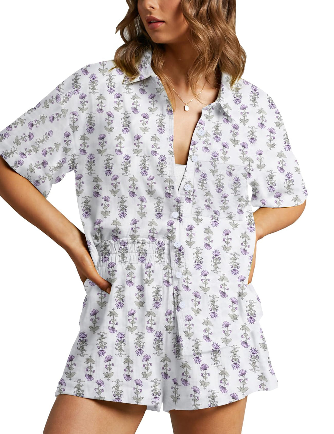 Floral Linen Pajama Set - Short Sleeve & Elastic Shorts