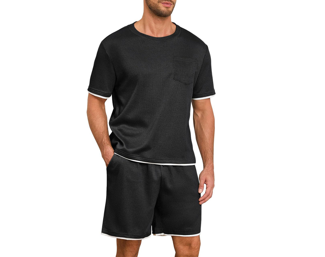 Men's Waffle Knit Pajama Set - Short Sleeve Top & Drawstring Pants
