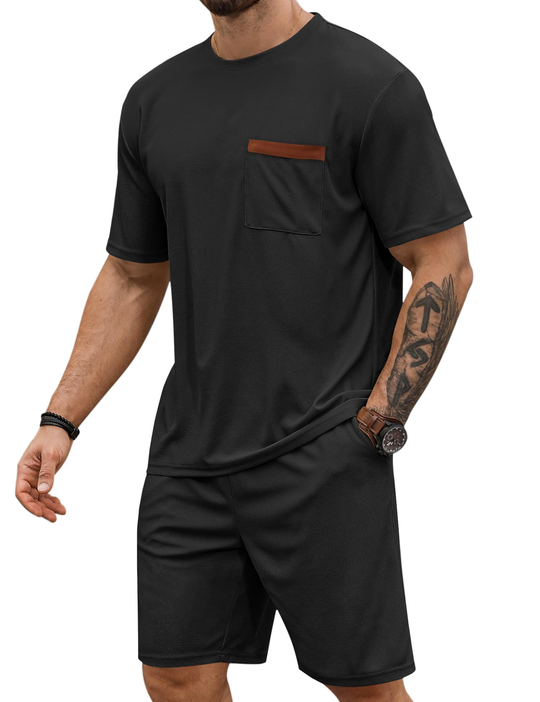 Men's Waffle Knit Short Set - Casual Short Sleeve & Drawstring Shorts