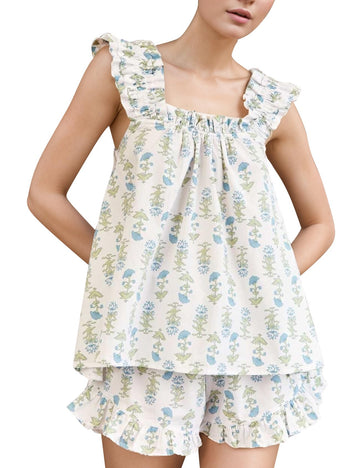 Floral Ruffle Pajama Set - Cami & Elastic Shorts
