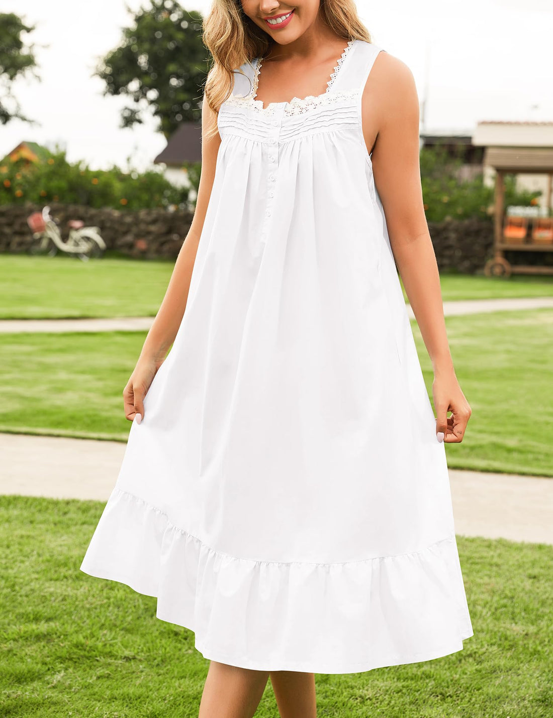 Victorian Cotton Nightgown - Sleeveless with Lace Collar & Pockets