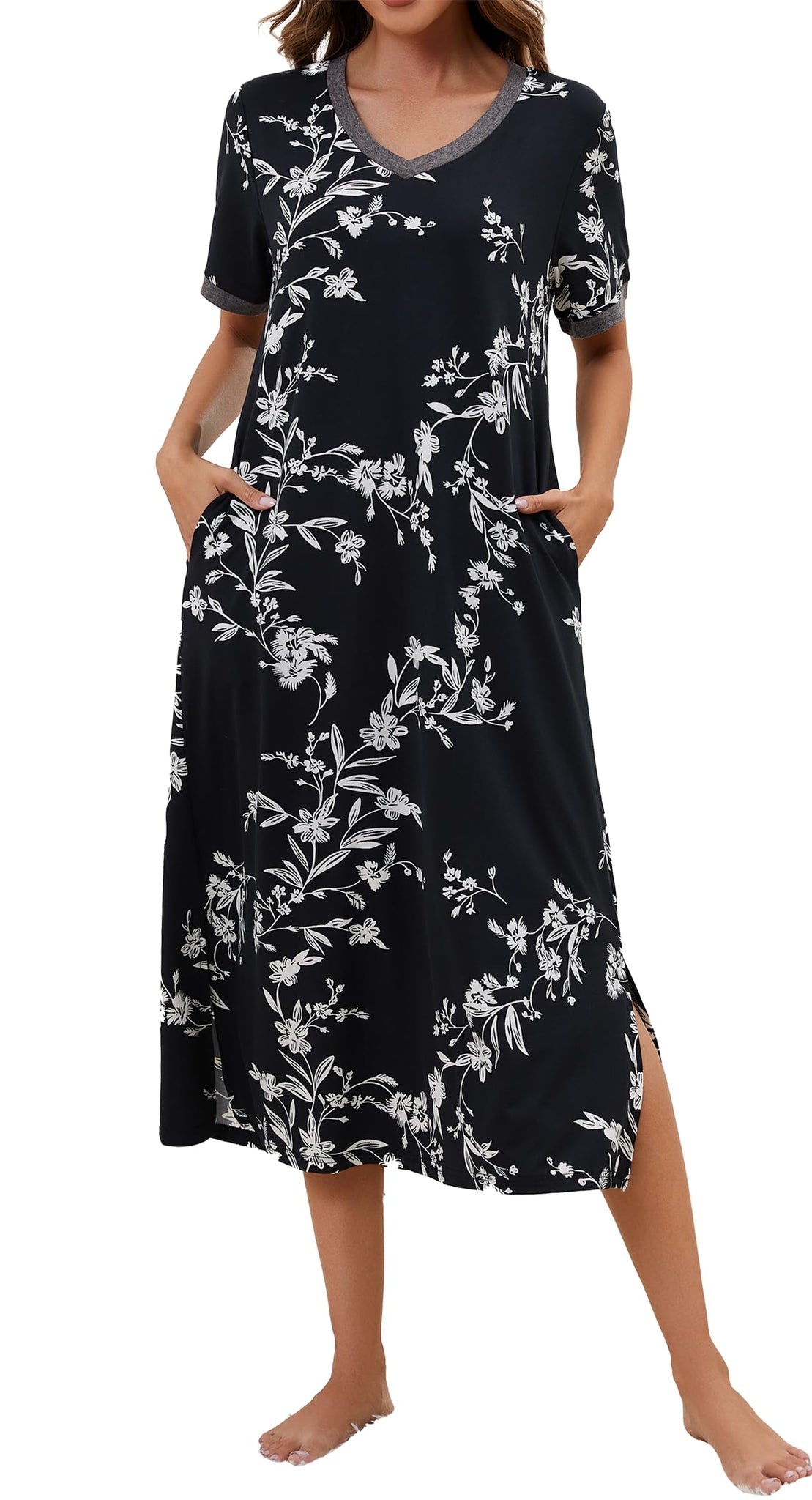 Soft Short Sleeve Nightgown - Pocket Details & Calf Length