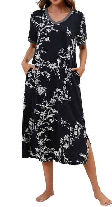 Soft Short Sleeve Nightgown - Pocket Details & Calf Length
