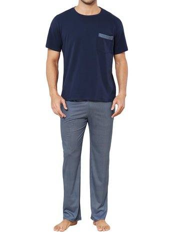 Men's Cotton Blend Pajama Set - Short Sleeve Top & Drawstring Pants