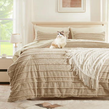 Beige Fleece Queen Comforter Set - Striped 7-Piece Collection