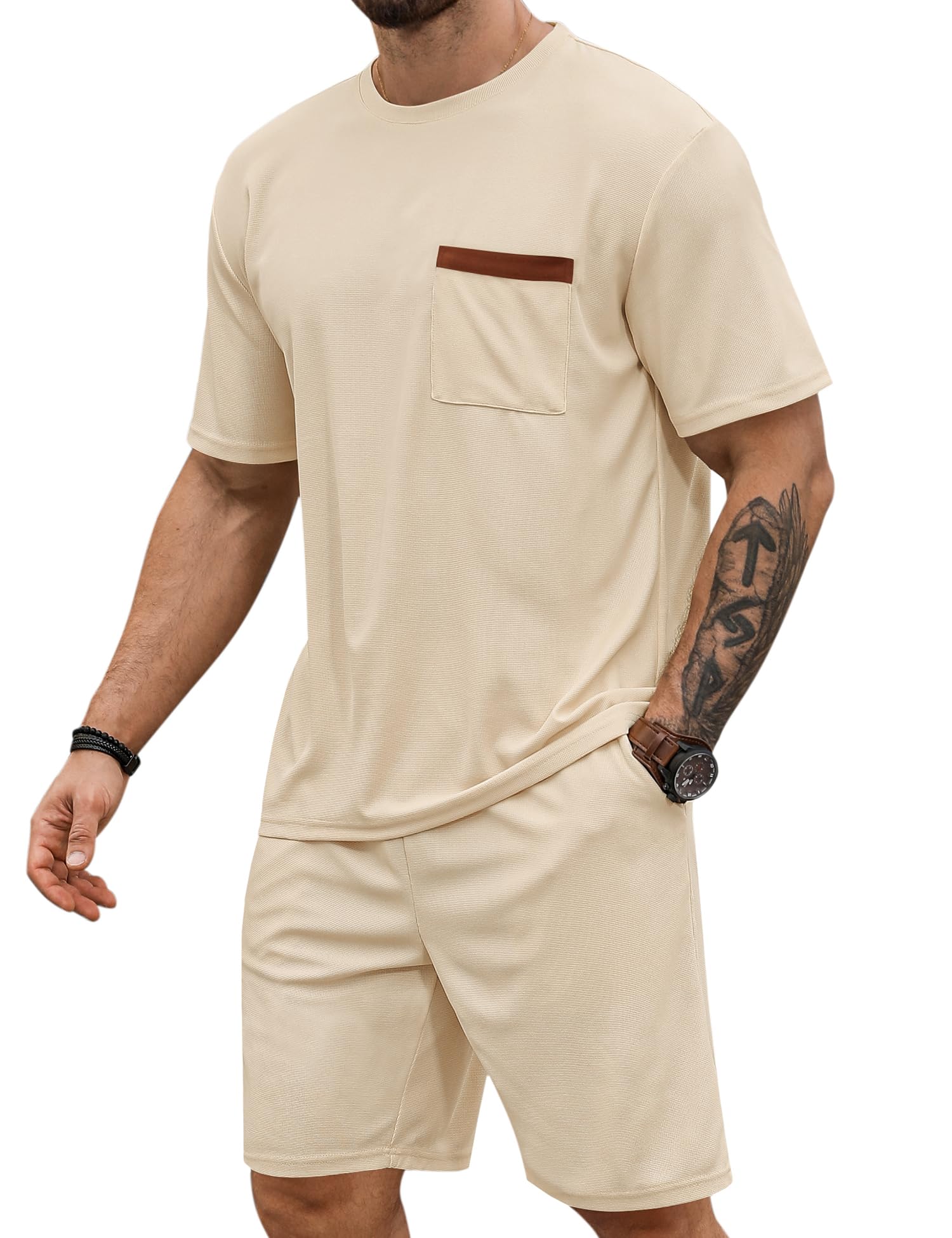 Men's Waffle Knit Short Set - Casual Short Sleeve & Drawstring Shorts