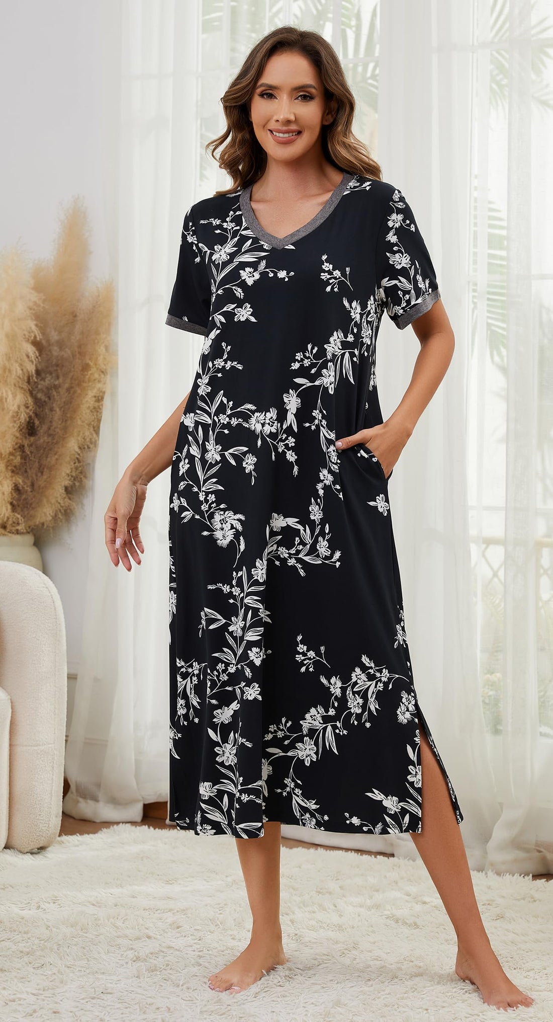 Soft Short Sleeve Nightgown - Pocket Details & Calf Length